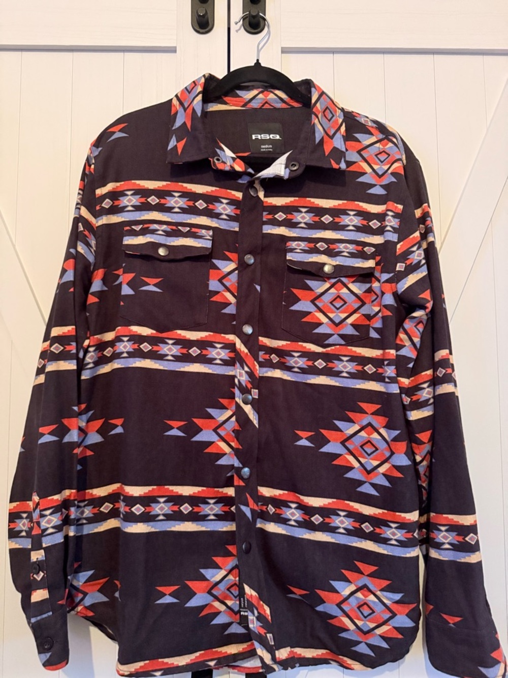 RSQ Aztec-Pattern Button-Up Shirt in Black, Red & Blue